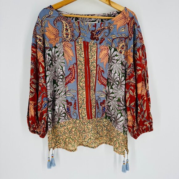 Anthropologie Womens Sonrisa Mixed Print Paisley Boho Tassel Top Blouse Size XS - Picture 2 of 10